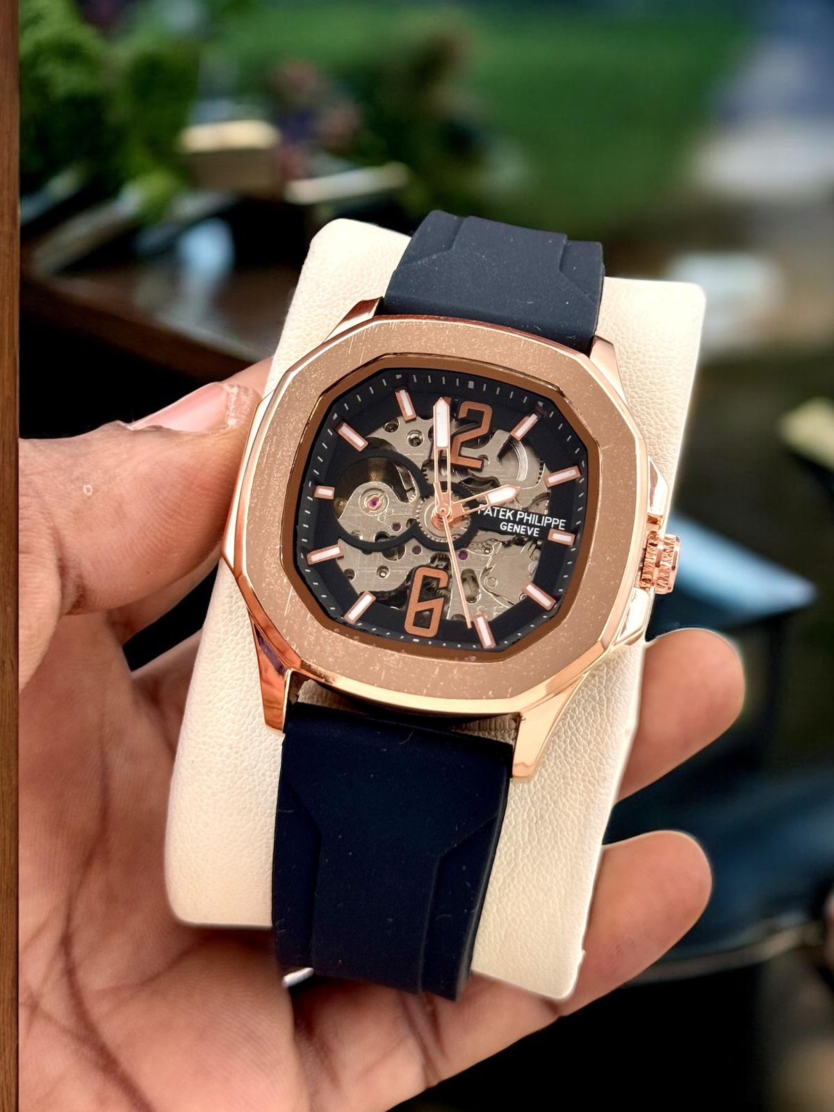 Luxury Skeleton Dial Rose Gold Silicone Strap Watch
