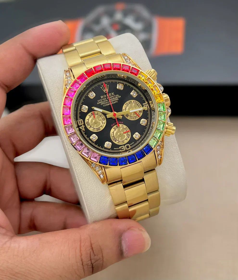 Luxury Gold Finish Chronograph Watch with Rainbow Stone Bezel
