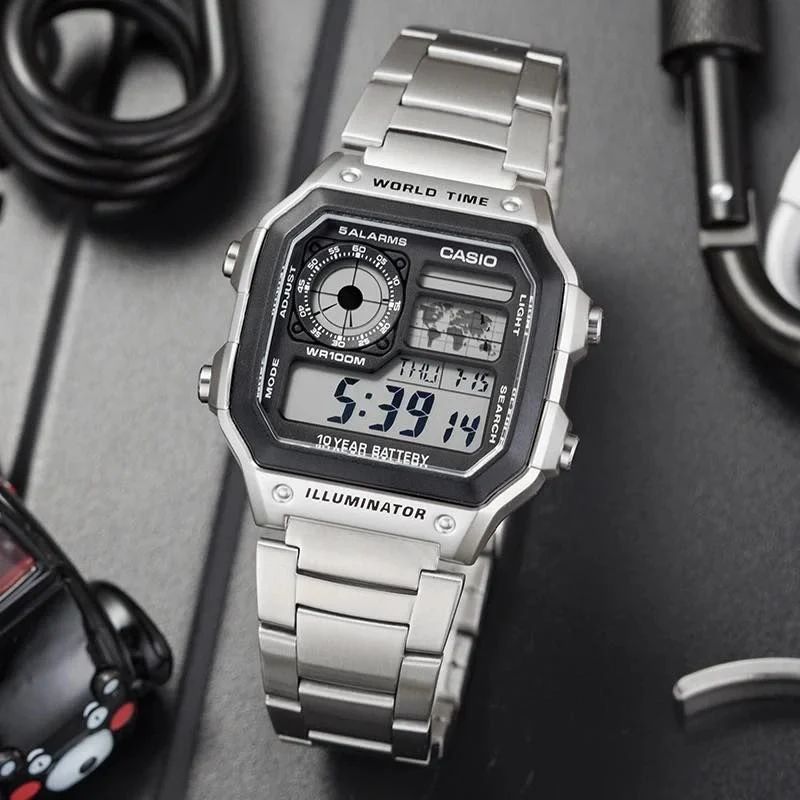 Premium Stainless Steel Digital World Time Watch | Waterproof | LED Illuminator | 10-Year Battery