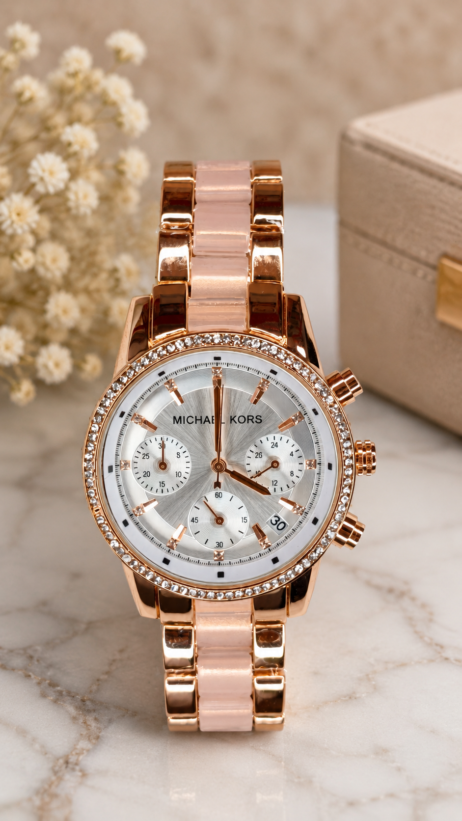 Luxury Rose Gold Chronograph Style Women's Watch with Crystal Bezel