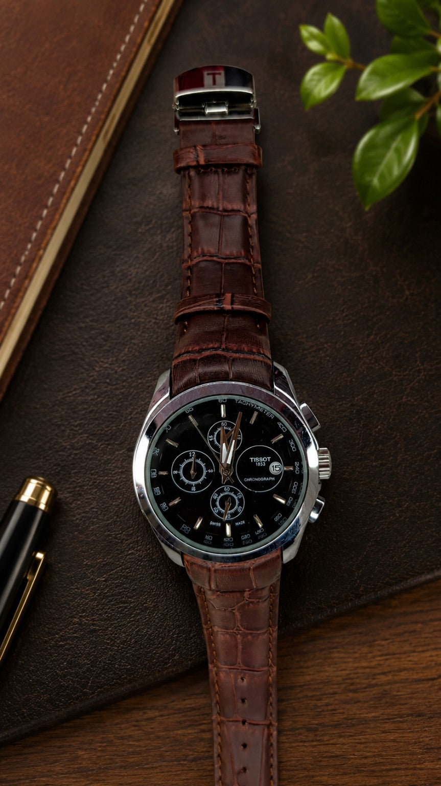 Classic Black Dial Chronograph Watch with Brown Crocodile Pattern Leather Strap