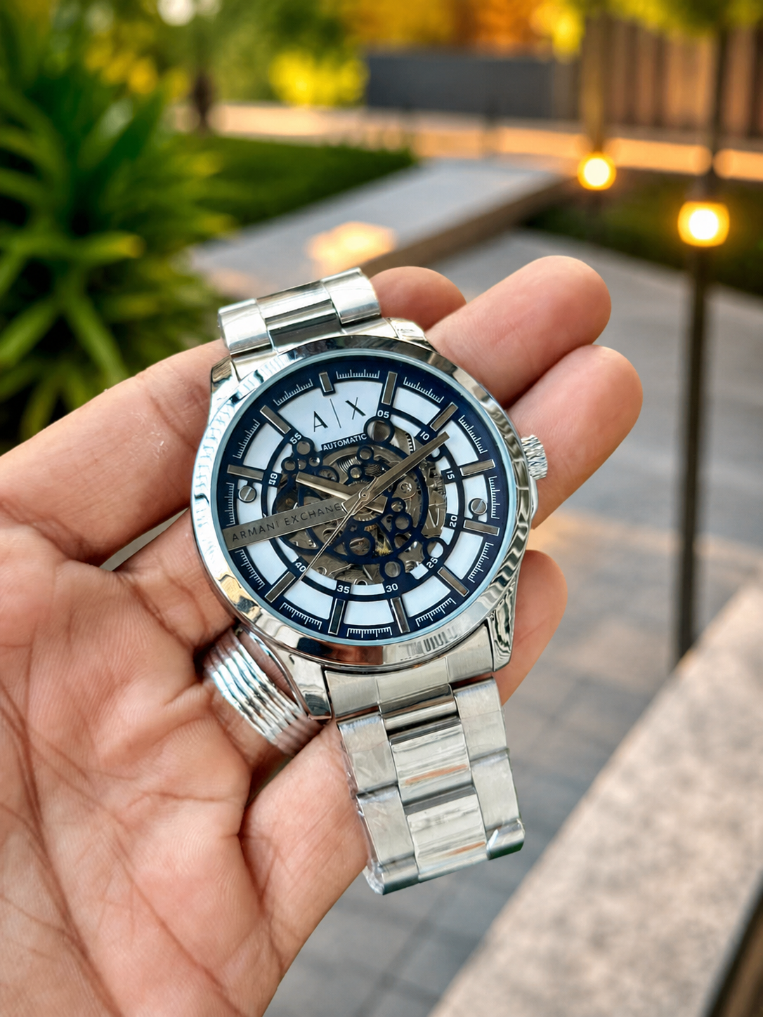 Premium Automatic Skeleton Stainless Steel Watch – Silver & Blue Dial