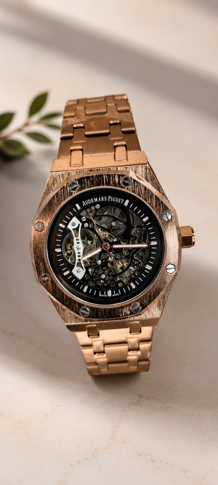 Luxury Skeleton Stainless Steel Watch – Rose Gold Finish | Premium Analog Wrist Watch