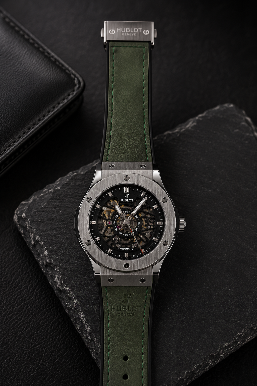 Luxury Skeleton Automatic Stainless Steel Watch with Green Leather Strap