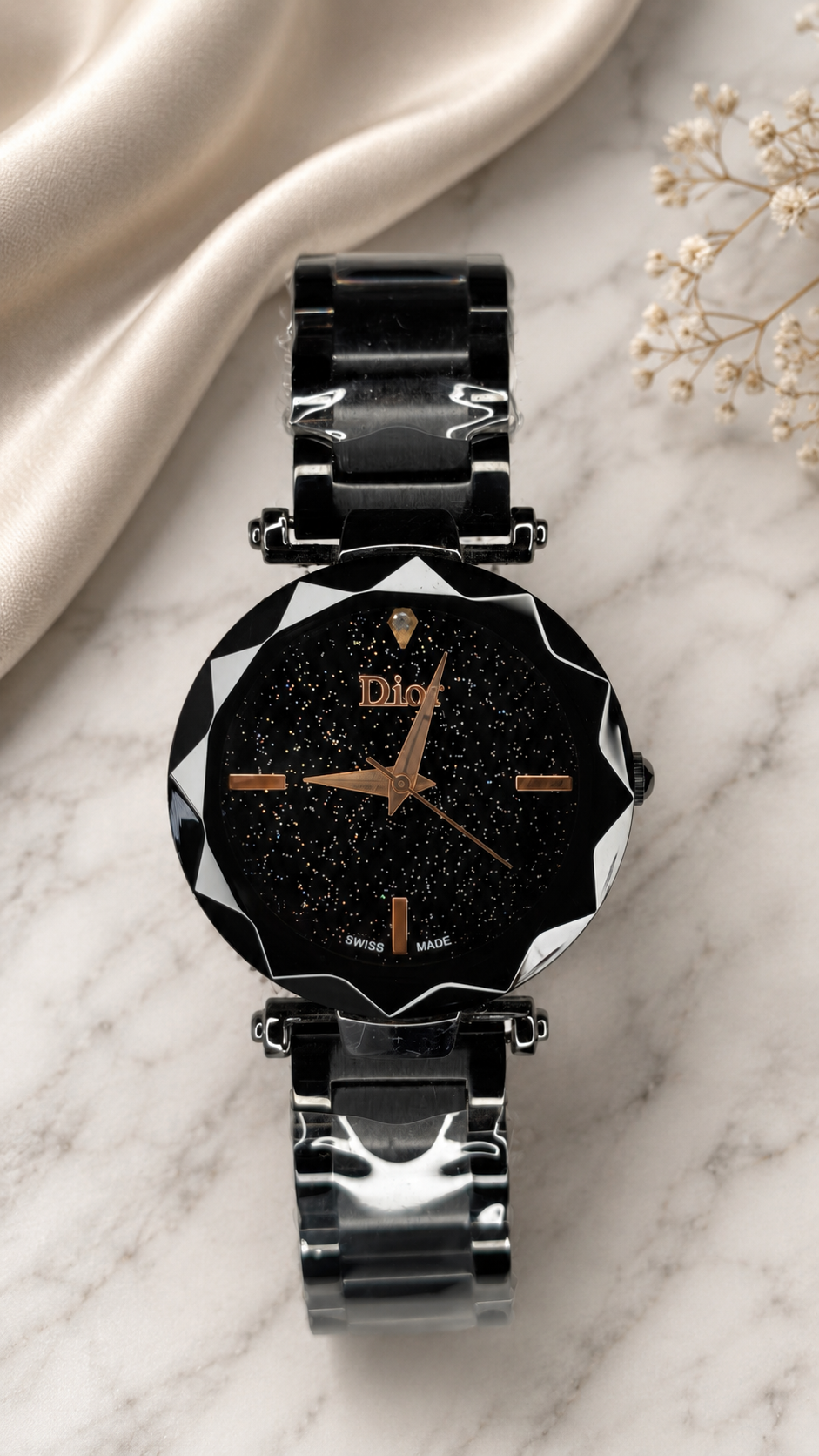 Luxury Black Crystal Dial Stainless Steel Analog Watch for Women