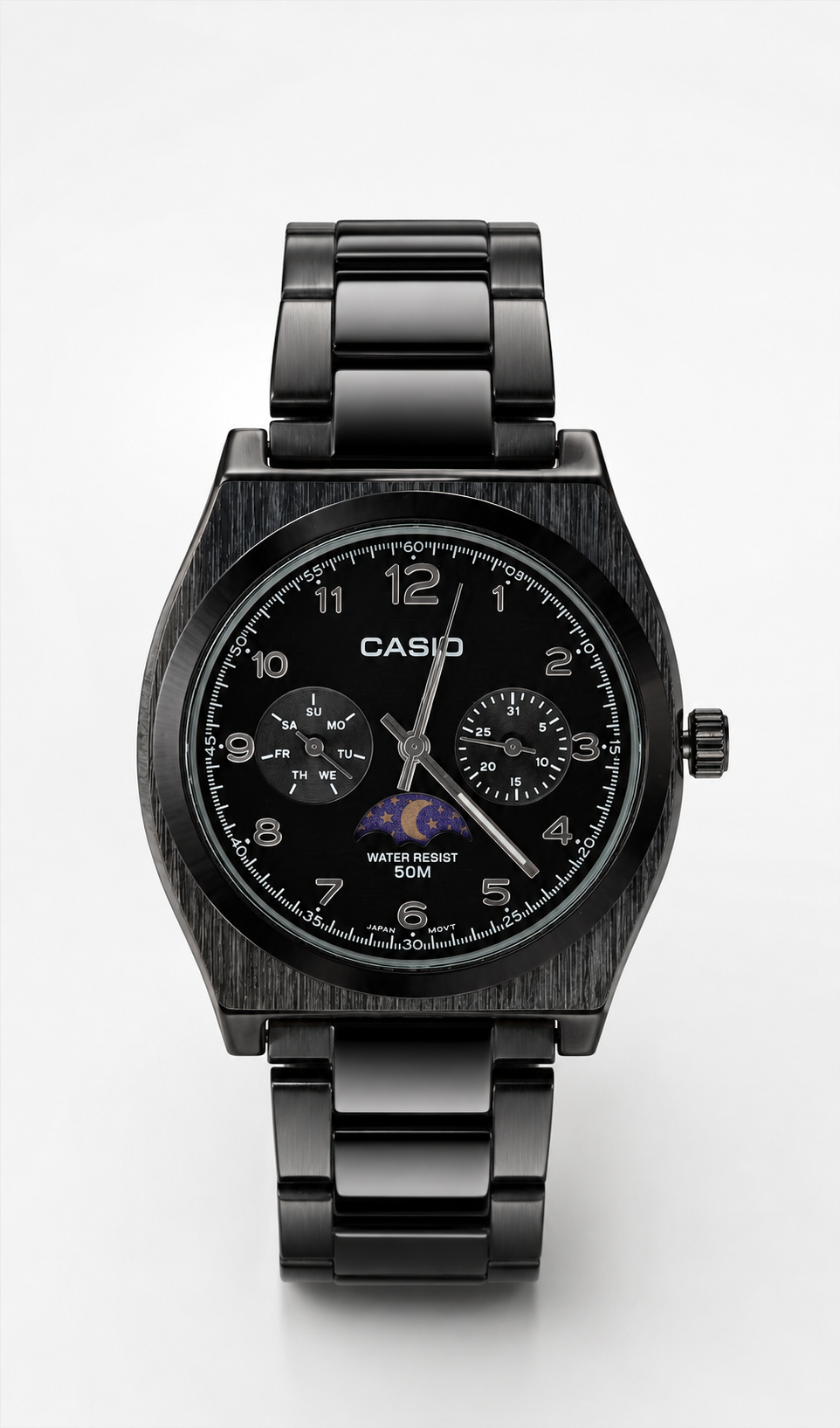 Casio Black Stainless Steel Analog Moon Phase Watch – 50M Water Resistant