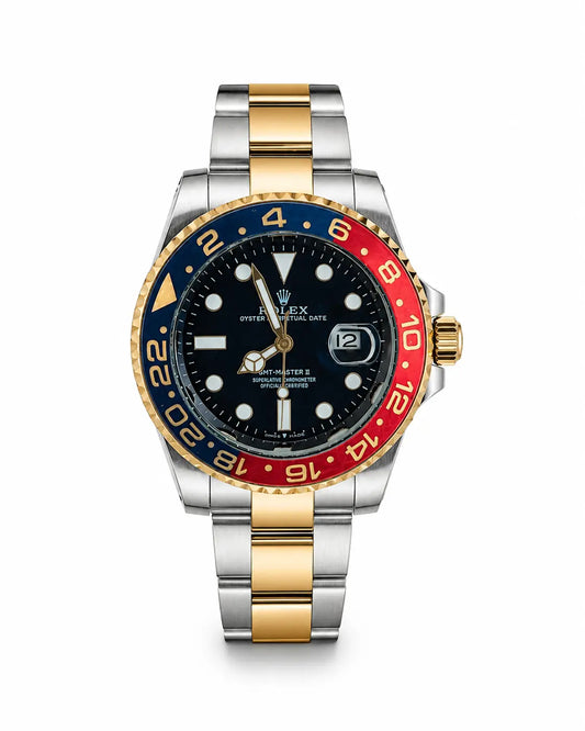 Premium Two-Tone Stainless Steel GMT Style Analog Watch for Men | Black Dial | Gold & Silver Metal Strap | Date Display