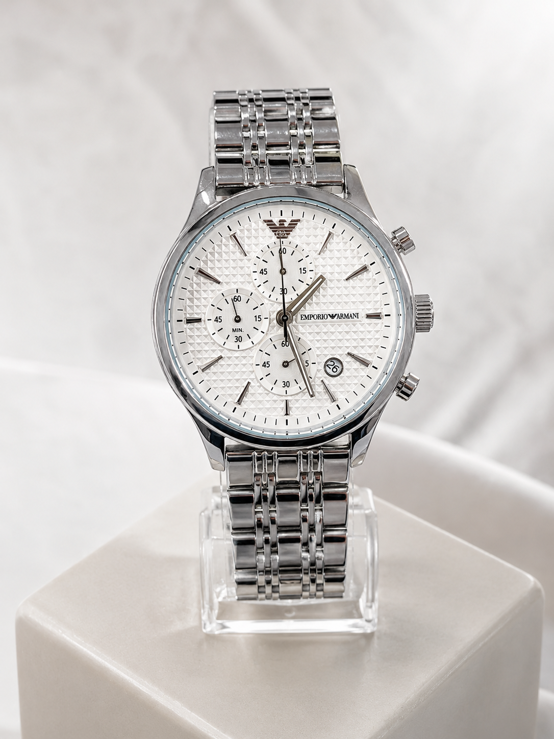 Luxury Silver Stainless Steel Chronograph Watch for Men – White Textured Dial