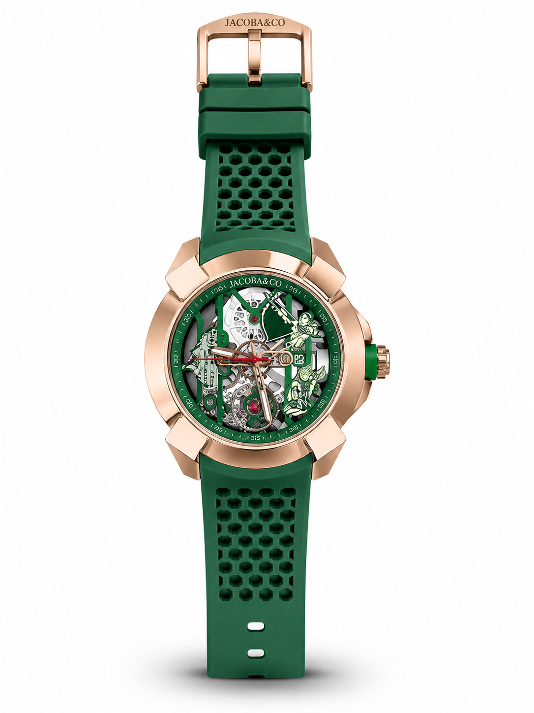 Luxury Skeleton Dial Rose Gold Watch with Premium Green Silicone Strap