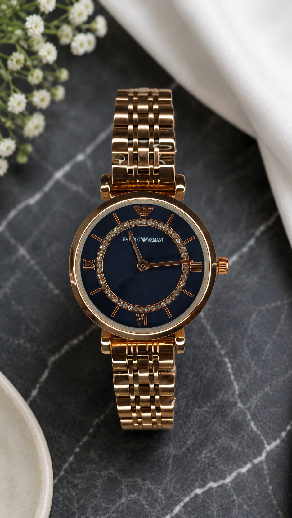 Elegant Rose Gold Women's Analog Wrist Watch with Blue Dial