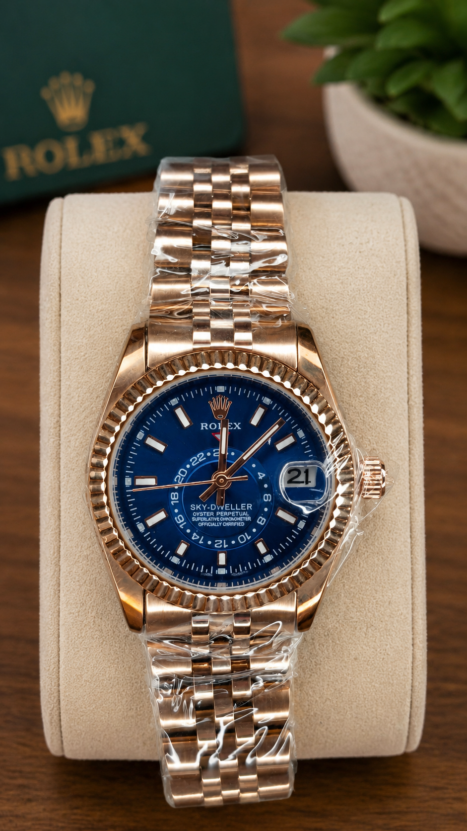 Luxury Rose Gold Stainless Steel Automatic Watch with Blue Dial