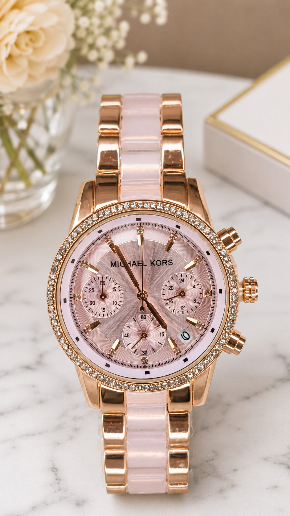 Luxury Rose Gold Crystal Chronograph Style Women's Analog Watch