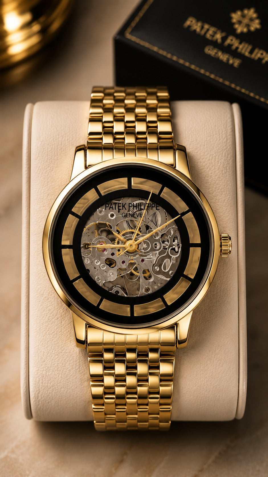 Luxury Gold Skeleton Automatic Watch for Men – Stainless Steel Bracelet | Premium Mechanical Design