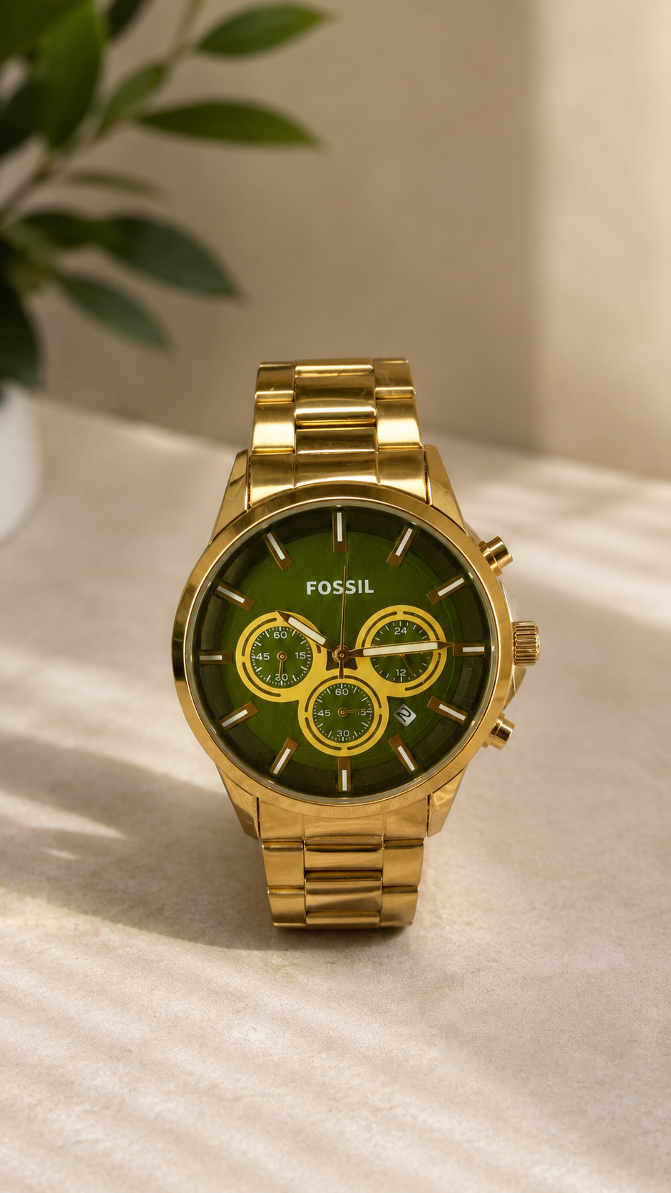 Premium Gold Stainless Steel Analog Chronograph Watch – Green Dial