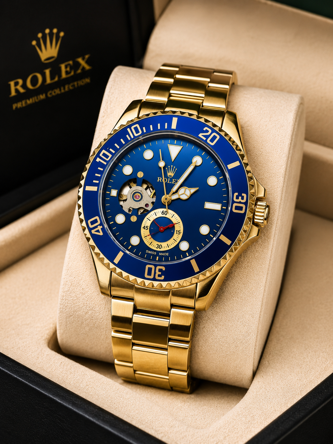 Luxury Gold & Blue Automatic Stainless Steel Watch