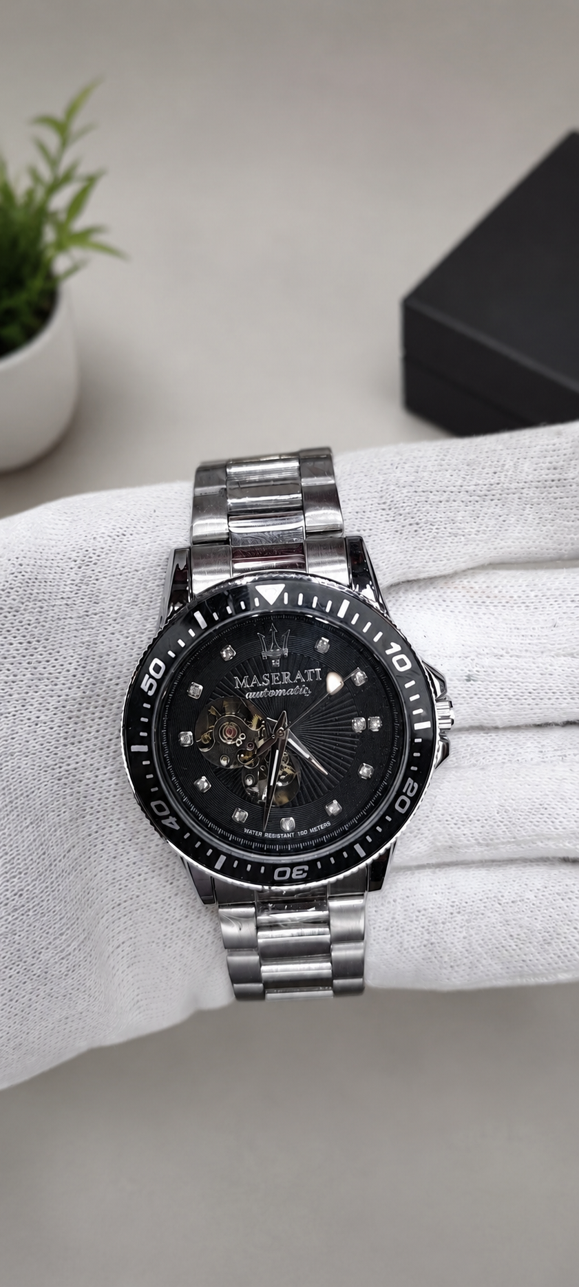 Premium Automatic Stainless Steel Men's Watch – Black Dial | 100M Water Resistant