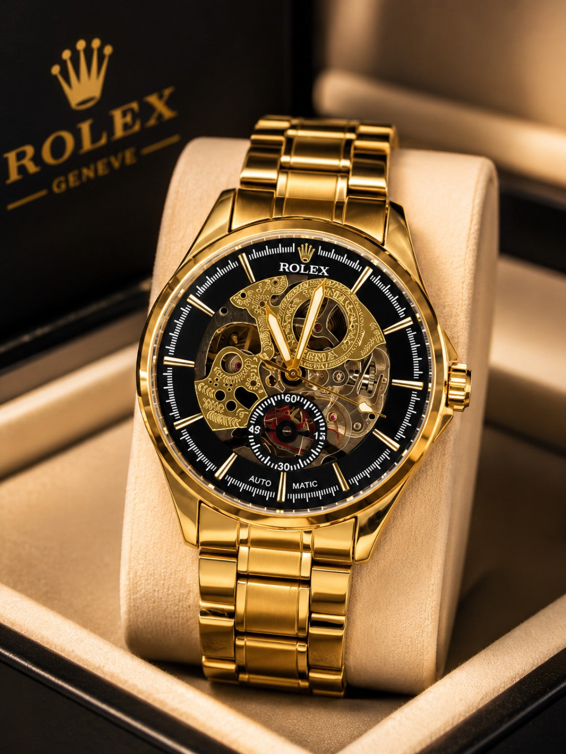 Luxury Gold Finish Skeleton Dial Analog Watch for Men