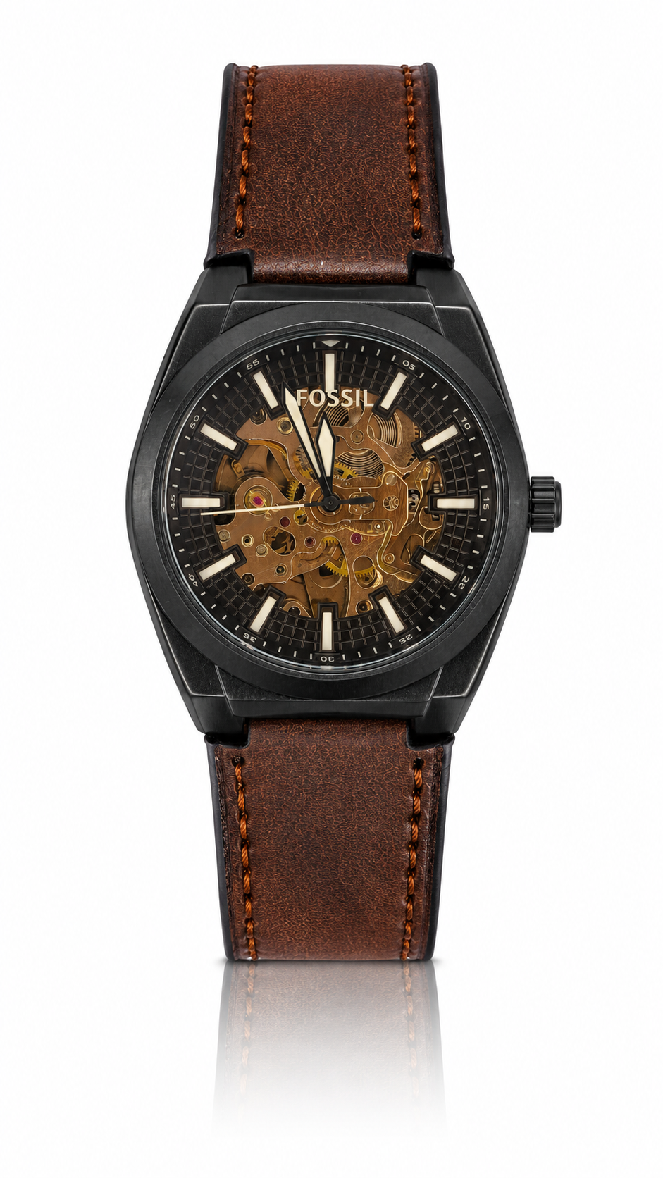 Premium Skeleton Automatic Mechanical Watch with Genuine Leather Strap – Black Case & Brown Vintage Band