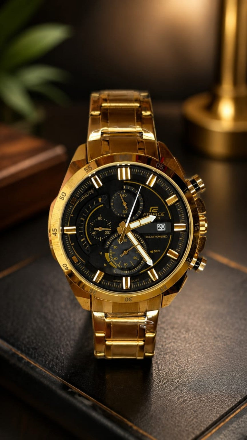 Luxury Gold Stainless Steel Analog Watch for Men | Premium Black Dial | Quartz Movement | Water Resistant