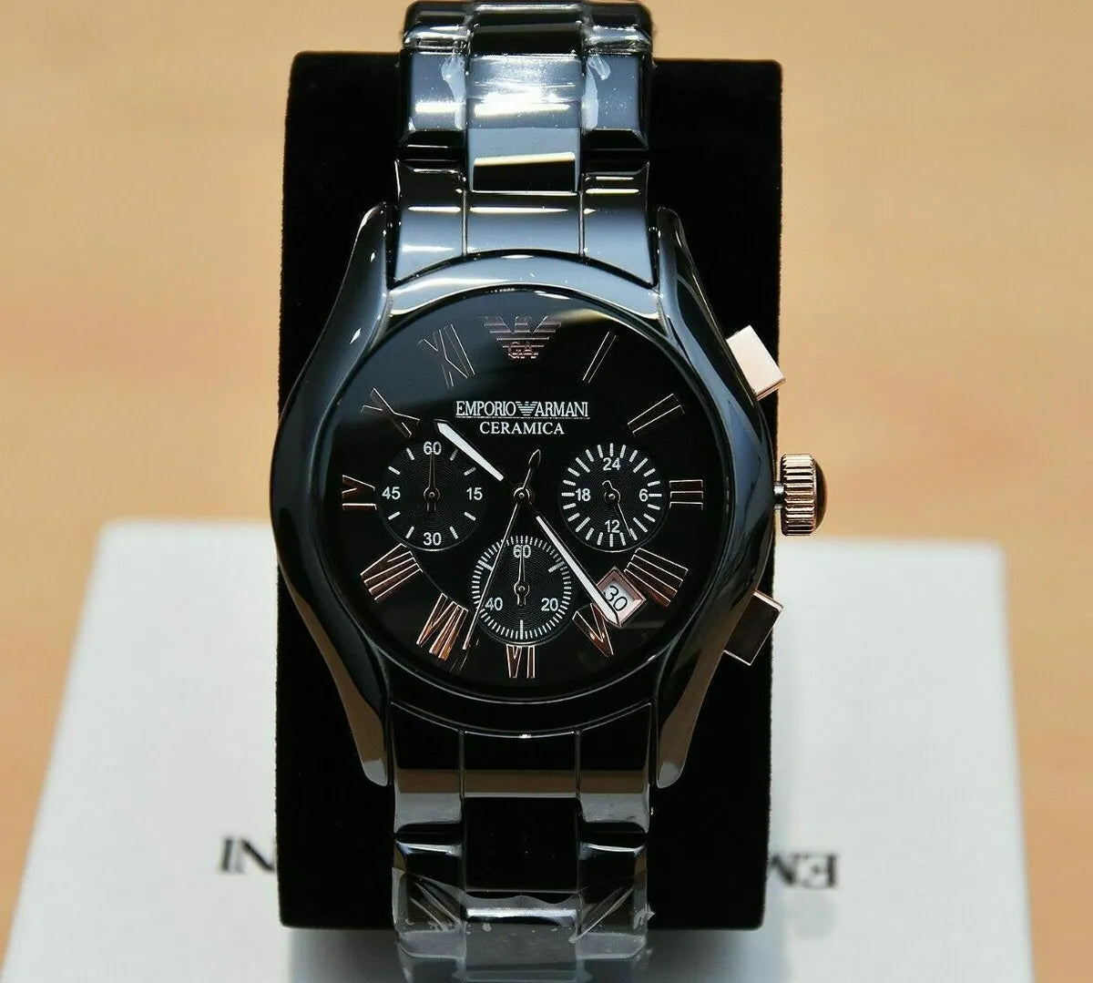 Luxury Black Ceramic Chronograph Analog Men's Watch with Stainless Steel Strap