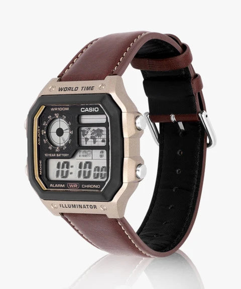 Retro Digital World Time Watch for Men | Brown Leather Strap | LED Display | Alarm, Stopwatch & Calendar