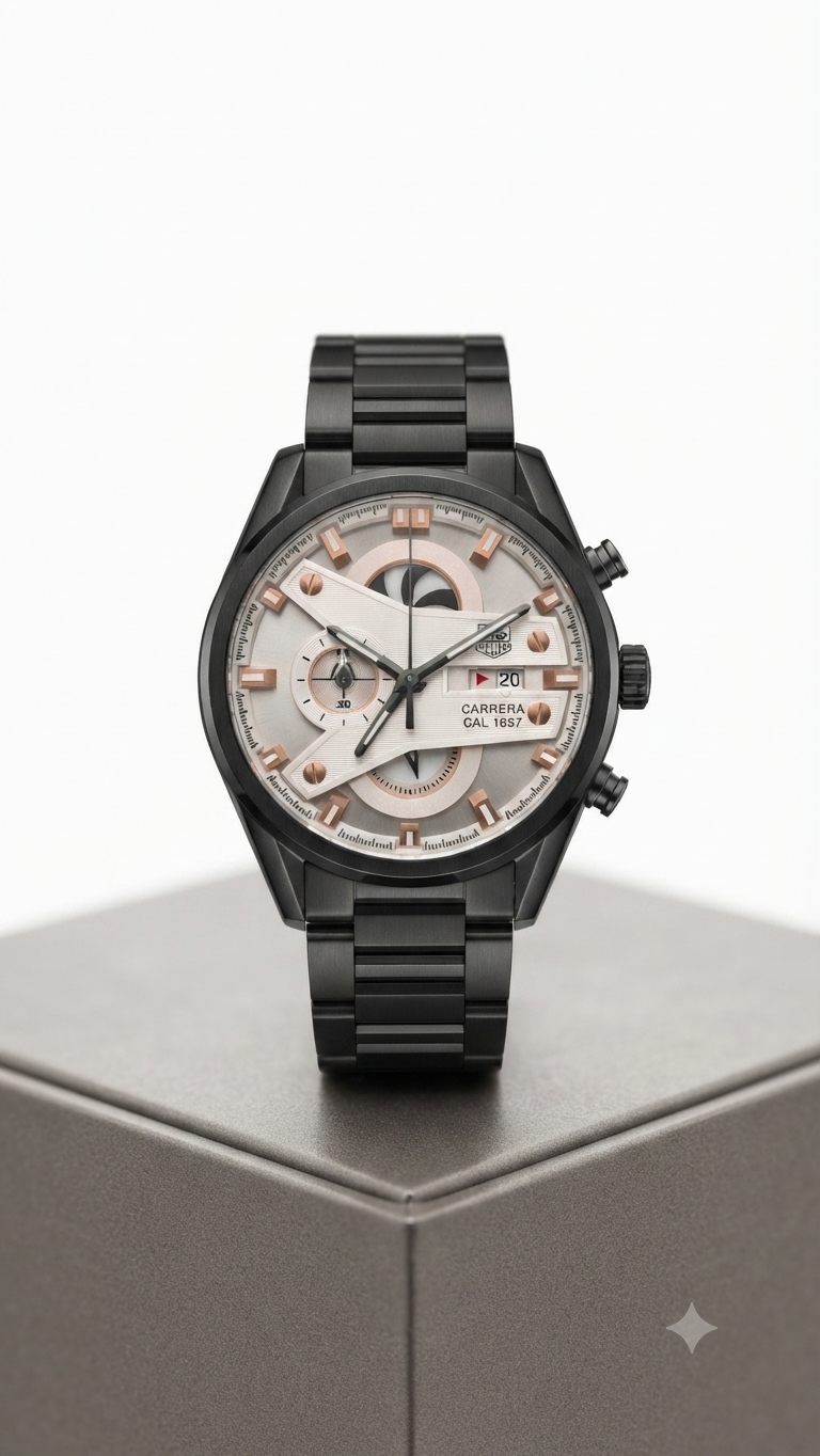 Premium Luxury Black Stainless Steel Men's Watch with Rose Gold Accents