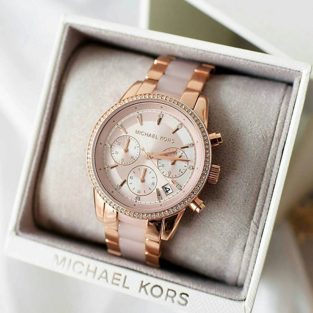Luxury Rose Gold Women's Analog Watch with Crystal Bezel & Date Display