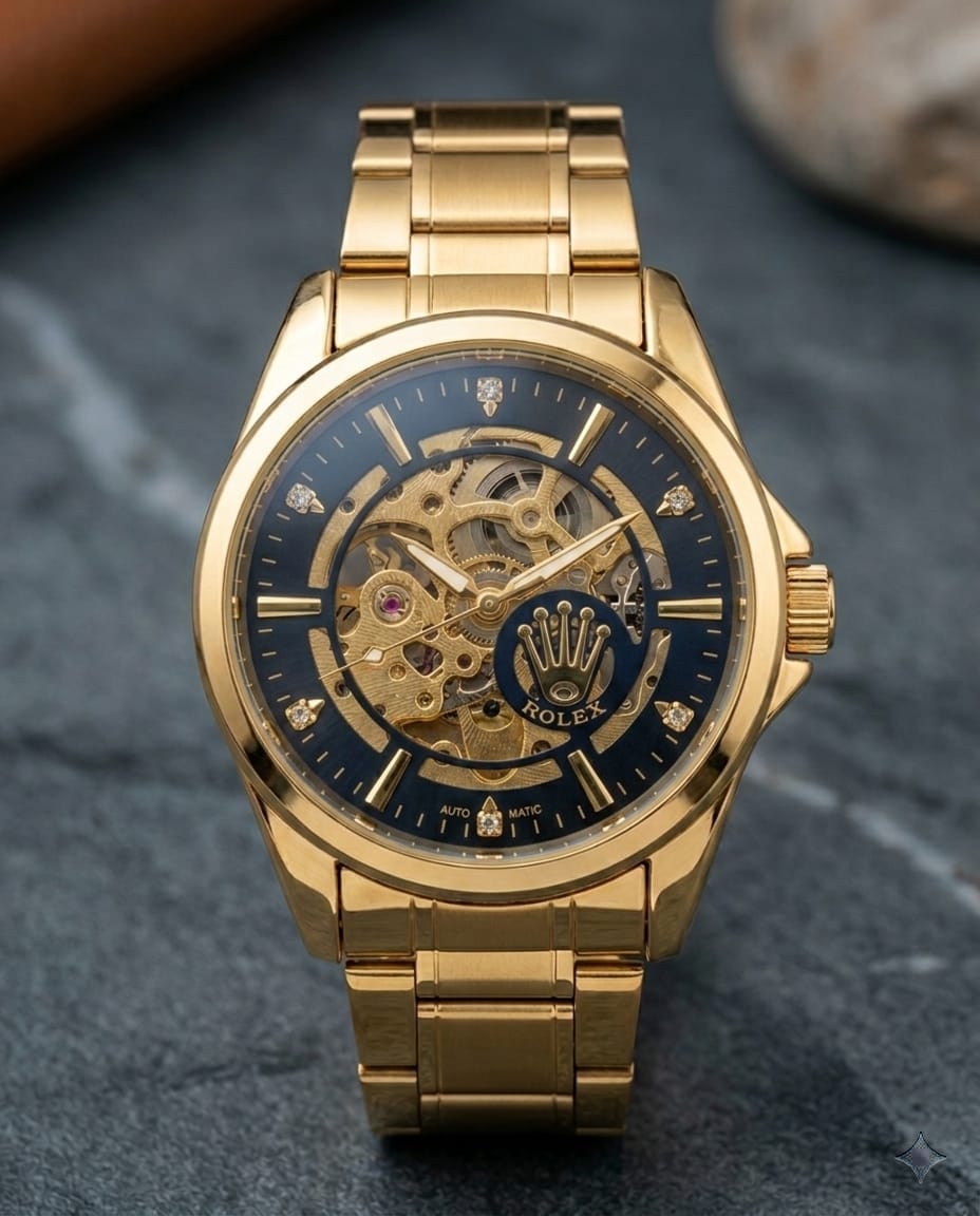 Luxury Gold-Tone Skeleton Automatic Stainless Steel Men's Wrist Watch