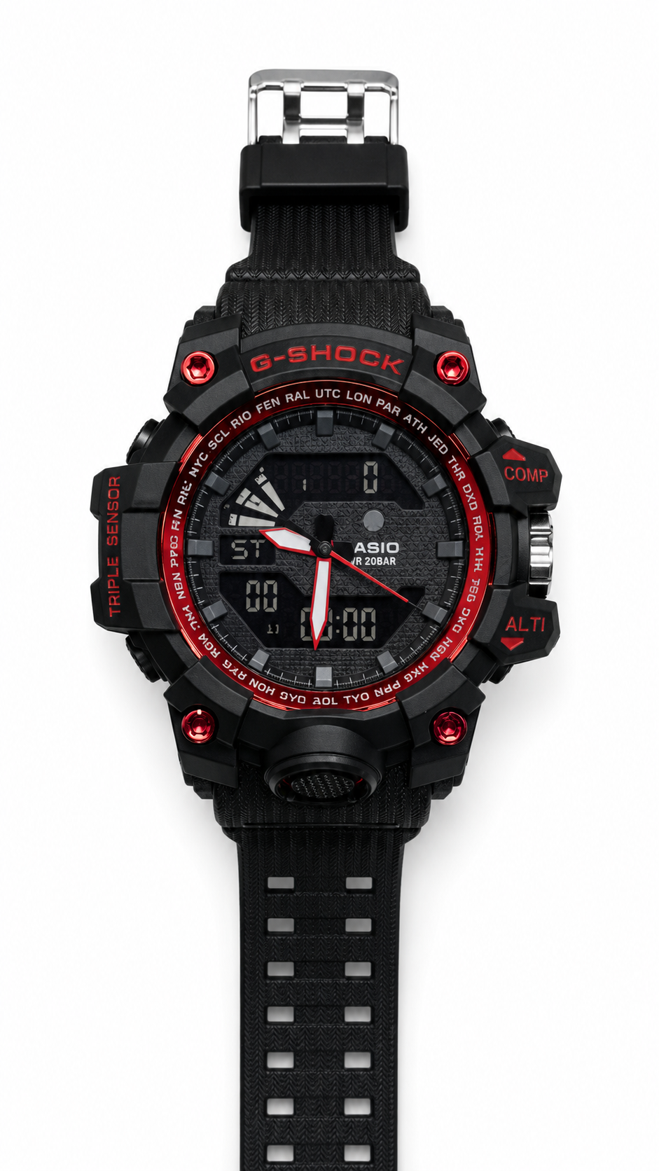Rugged Outdoor Analog-Digital Sports Watch | Triple Sensor Style | Shock Resistant | Black & Red Design