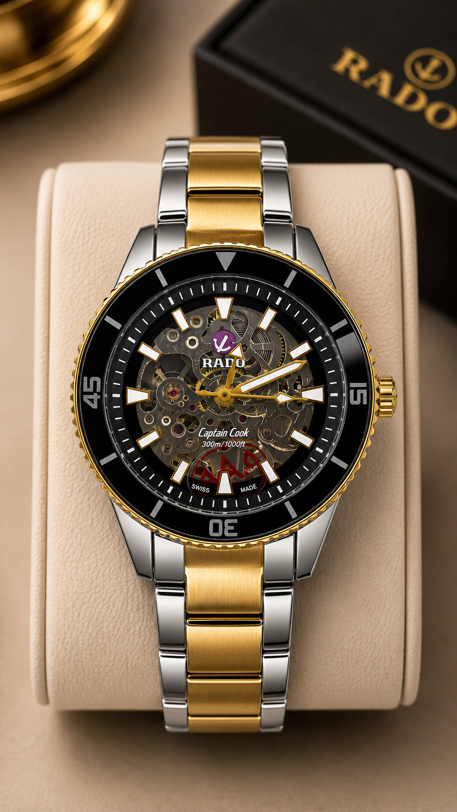 Luxury Skeleton Automatic Style Stainless Steel Men's Watch – Two Tone Gold & Silver | Black Dial | Premium Fashion Timepiece