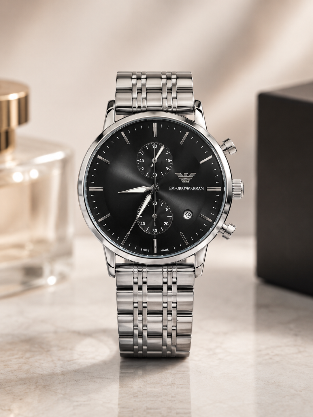 Luxury Stainless Steel Chronograph Watch for Men – Black Dial, Silver Bracelet