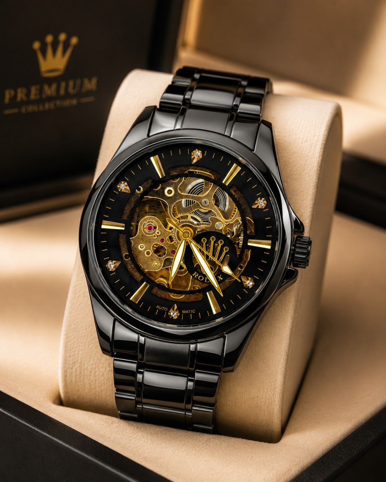 Luxury Black Skeleton Automatic Watch – Premium Stainless Steel Strap