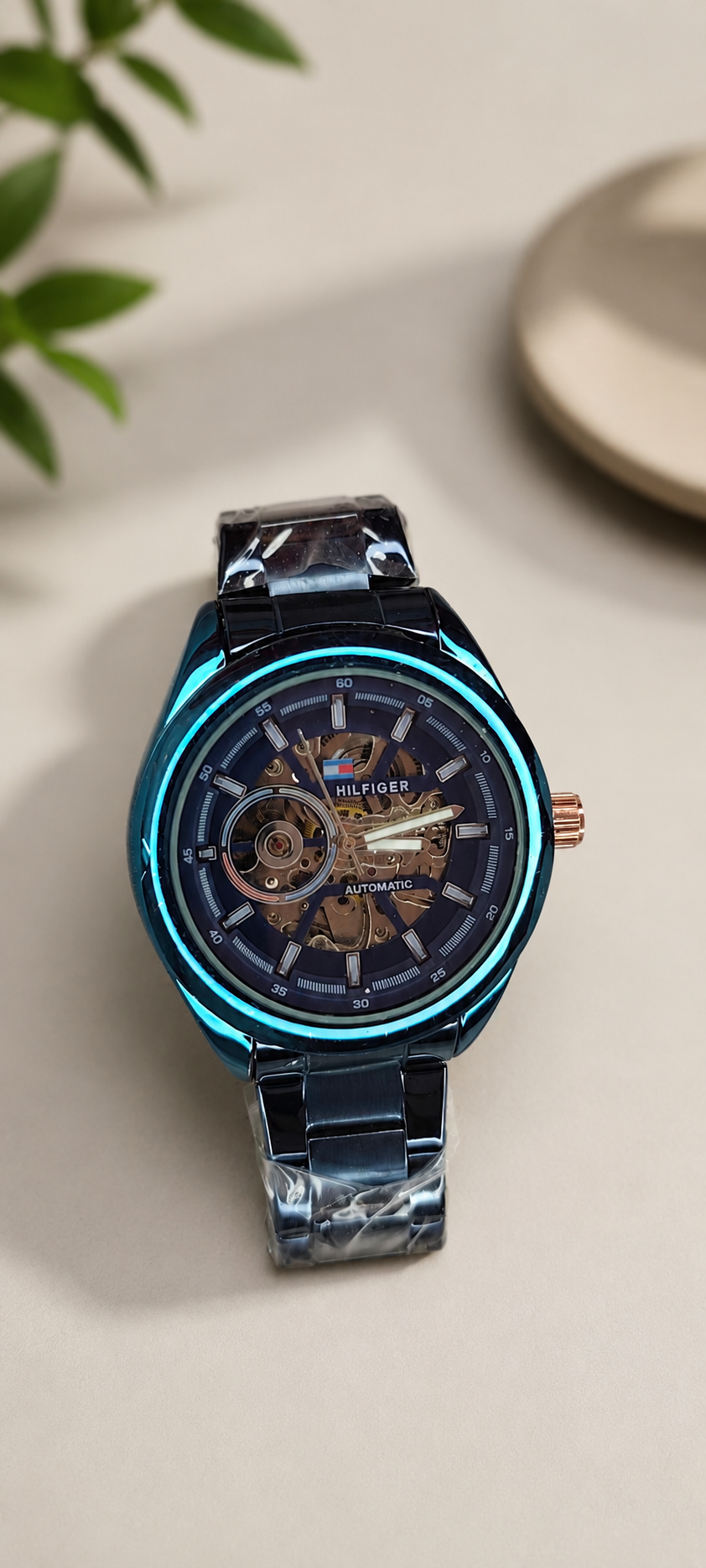 Luxury Skeleton Automatic Style Analog Watch with Blue Stainless Steel Strap