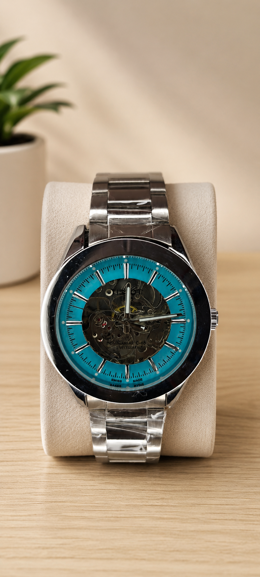 Luxury Stainless Steel Skeleton Mechanical Watch - Premium Turquoise Accent Edition