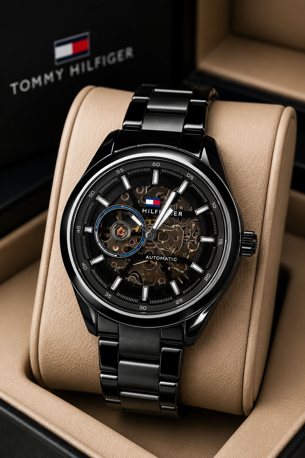 Premium Automatic Skeleton Dial Stainless Steel Watch – Black Edition