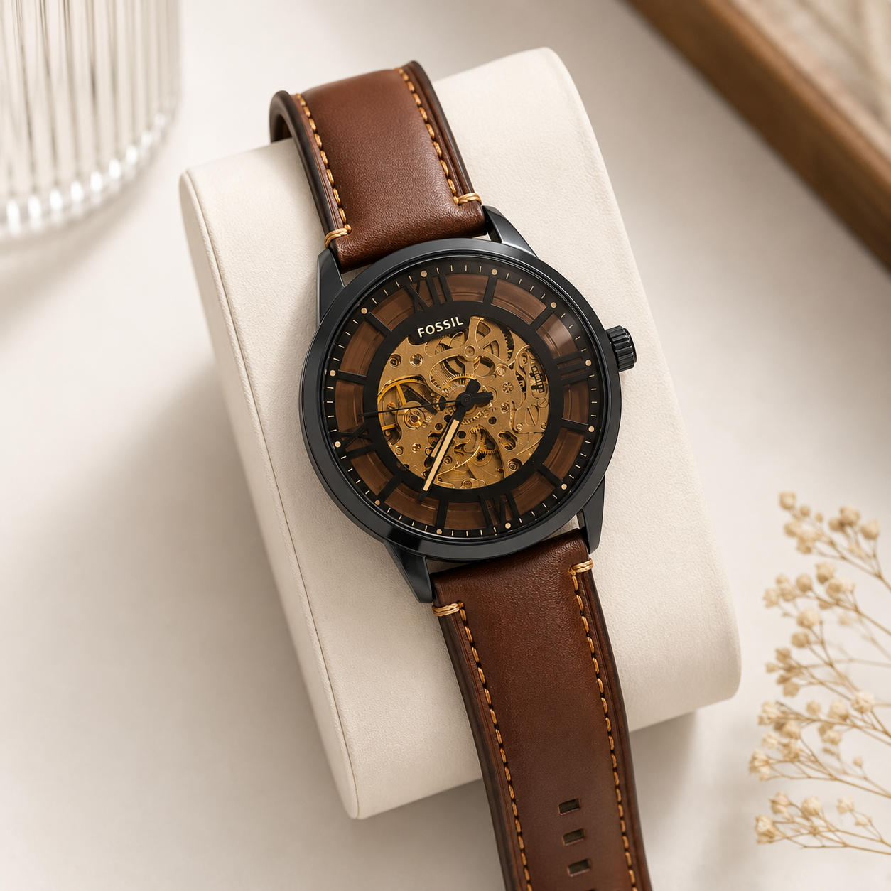 Luxury Skeleton Dial Men’s Brown Leather Strap Watch