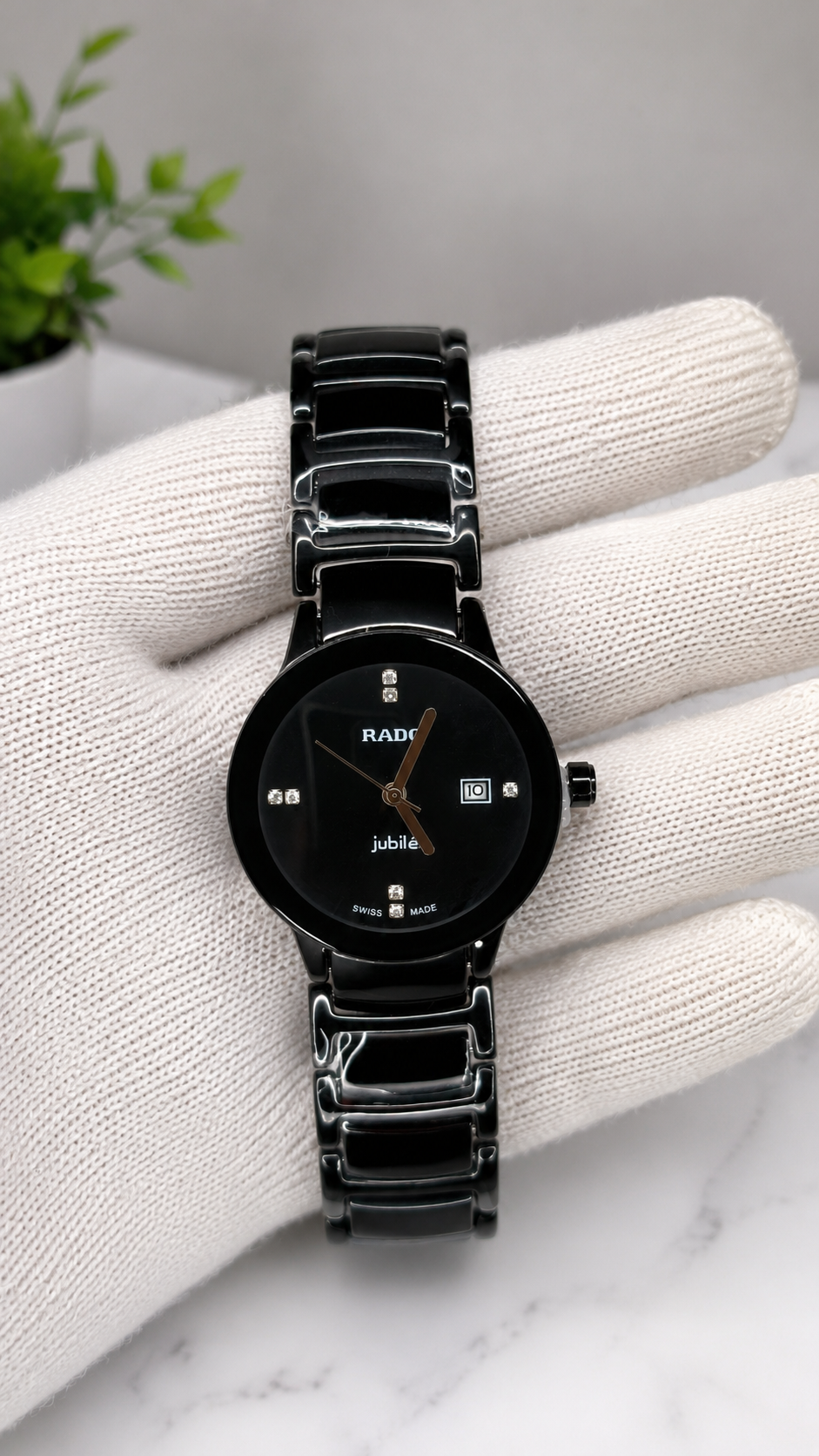 women Premium Black Ceramic Style Analog Wrist Watch with Date Display