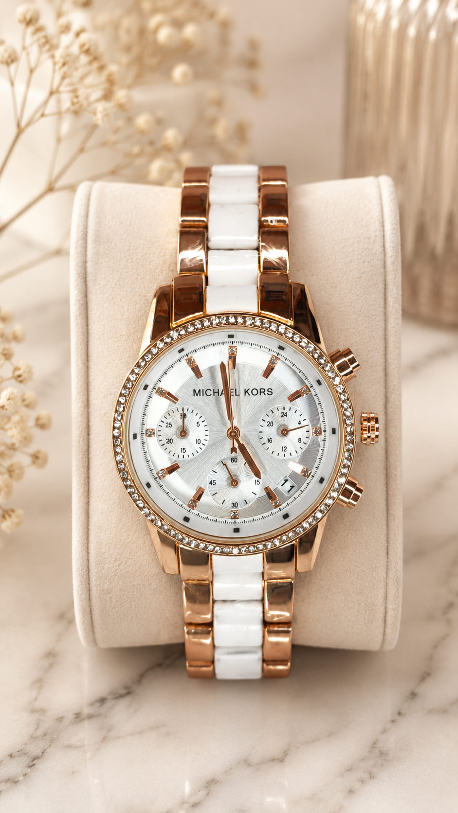 Luxury Rose Gold & White Ceramic Strap Analog Watch for Women