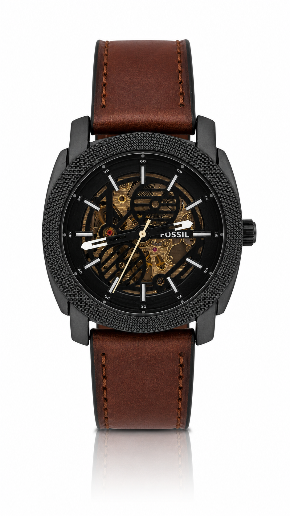 Men's Automatic Skeleton Dial Leather Strap Watch – Black Case & Brown Strap