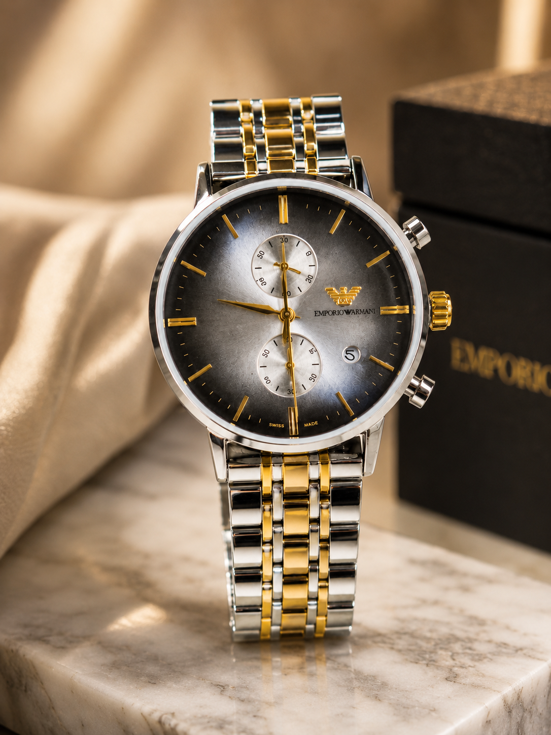 Emporio Armani Chronograph Men's Watch – Two-Tone Gold & Silver Luxury Edition