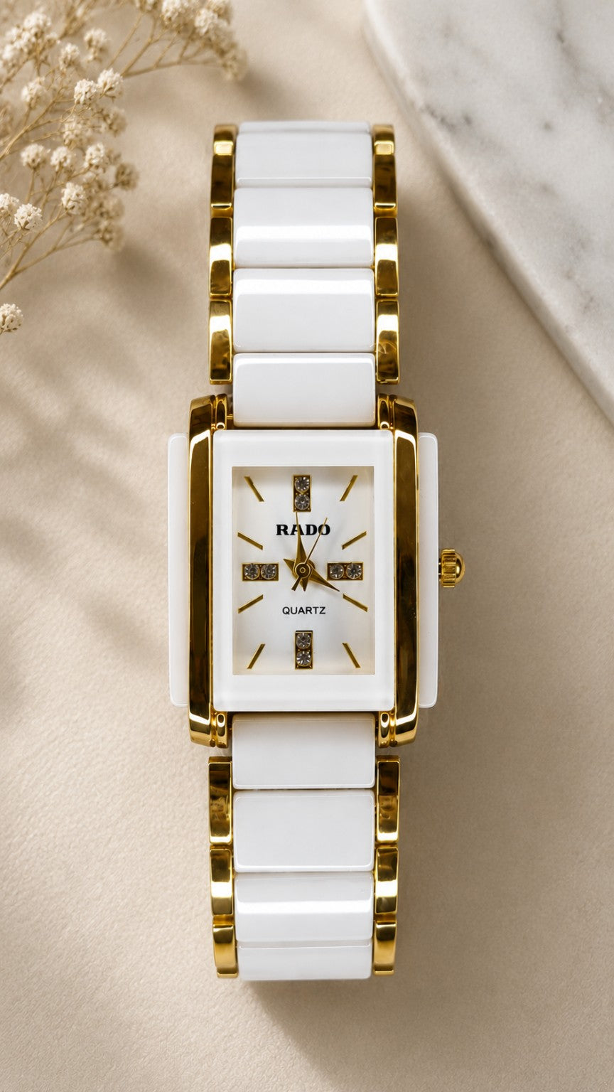 Luxury White Ceramic Gold-Tone Quartz Wrist Watch for Women