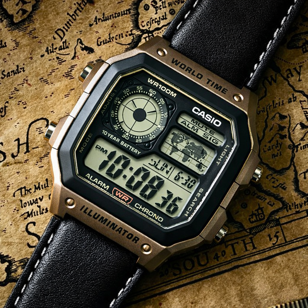 Premium Vintage Style Digital World Time Watch | LED Display | Multi-Function Wrist Watch
