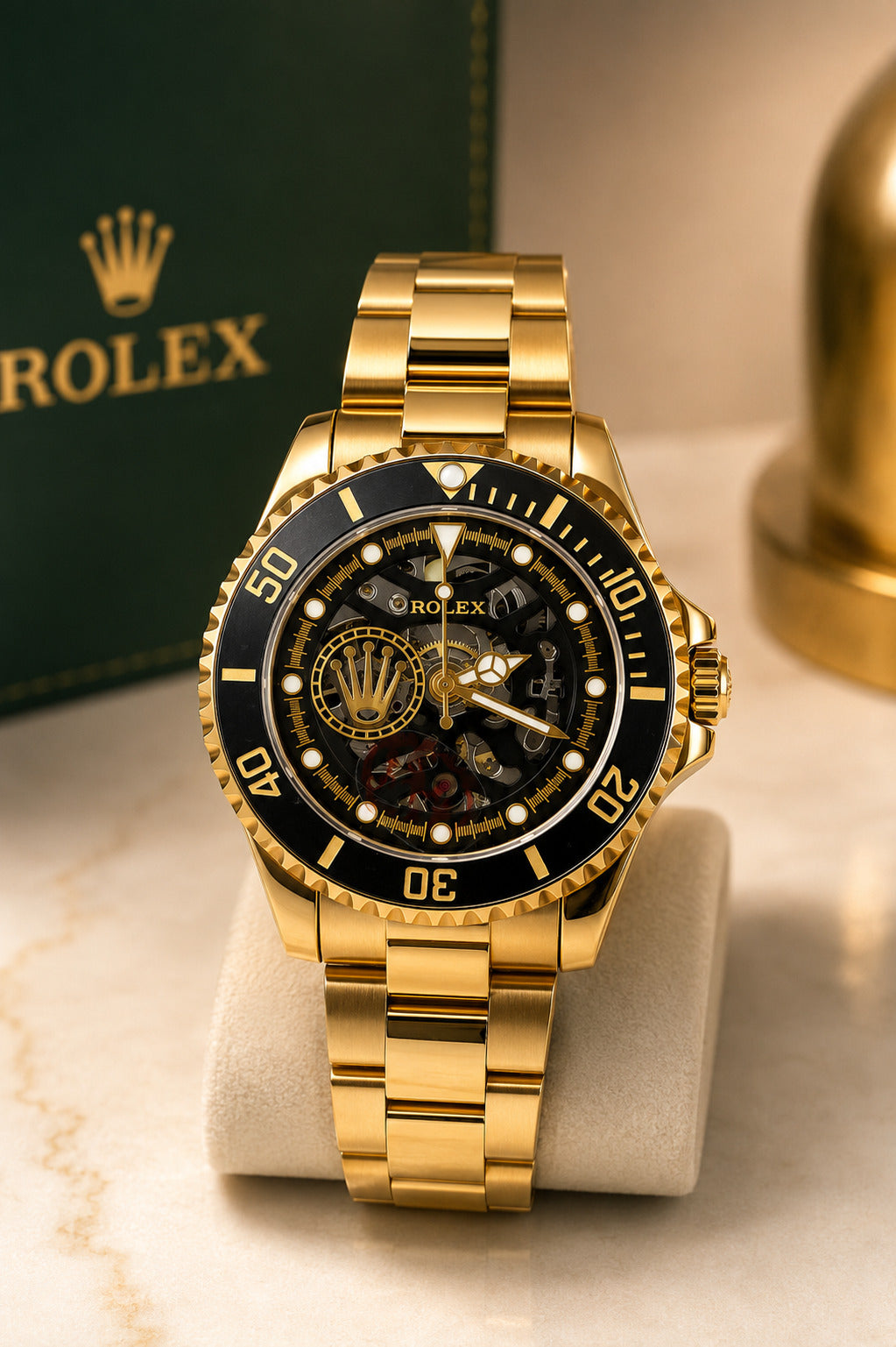 Luxury Gold Stainless Steel Automatic Skeleton Dial Watch for Men