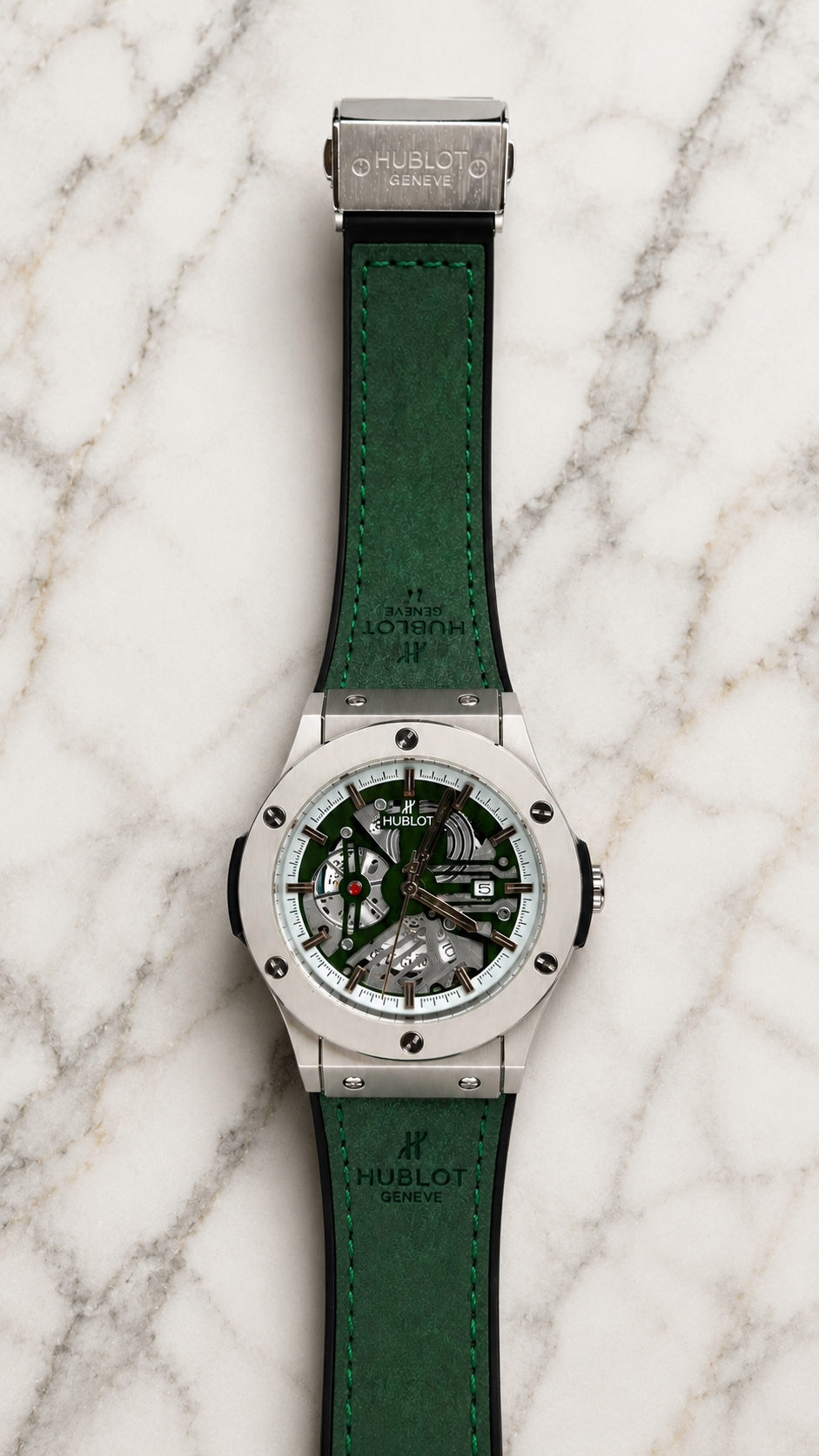 Premium Skeleton Dial Luxury Watch with Green Leather Strap