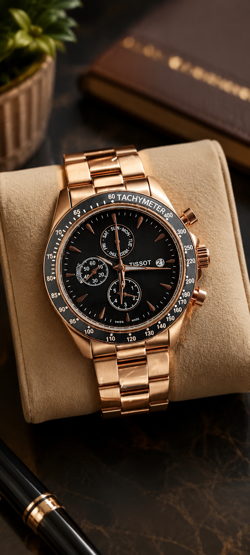 Luxury Rose Gold Chronograph Men's Watch - Premium Stainless Steel Edition with Black Dial