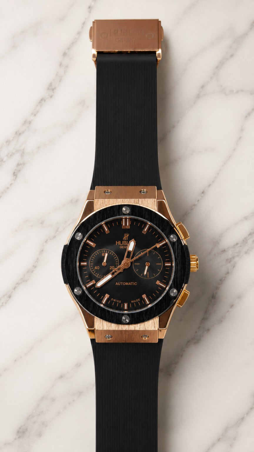 Luxury Automatic Chronograph Watch with Black Rubber Strap & Rose Gold Finish