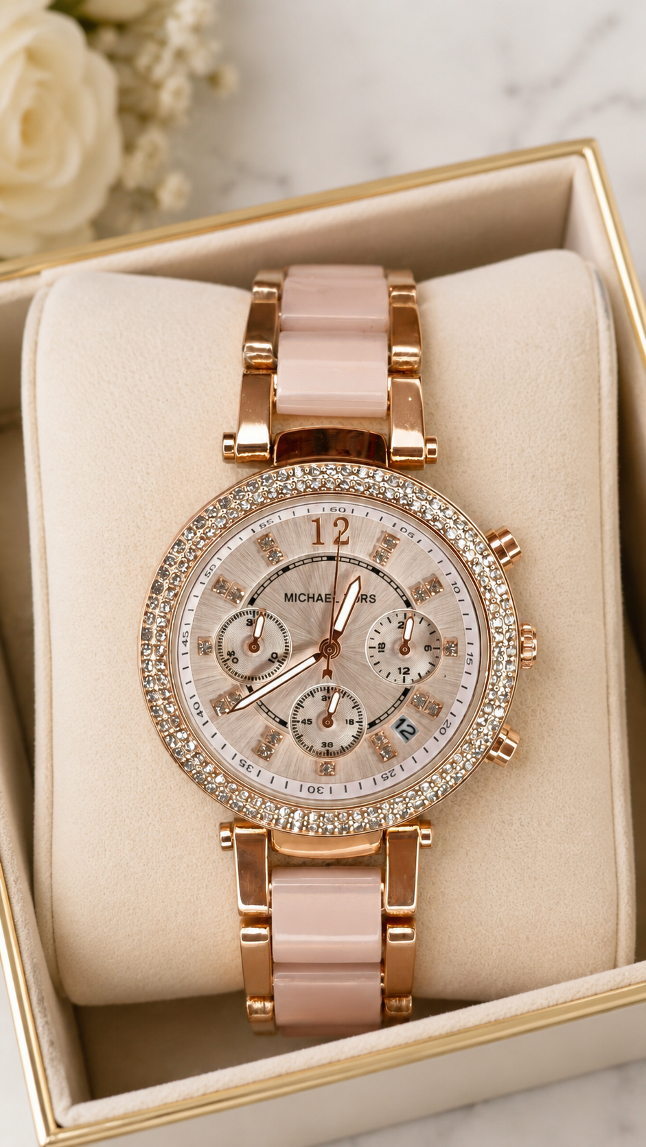 Luxury Rose Gold Crystal Dial Women's Analog Watch with Ceramic Link Strap