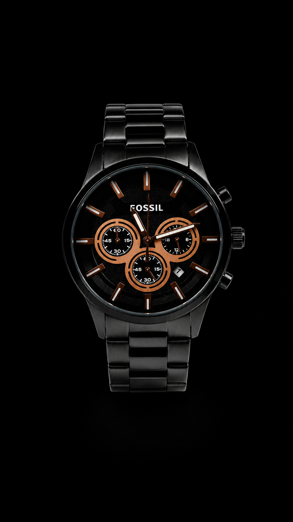 Premium Black Stainless Steel Analog Chronograph Watch – Rose Gold Dial Accents