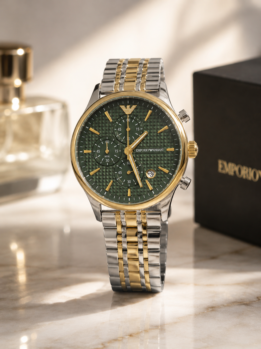 Luxury Two-Tone Stainless Steel Chronograph Watch for Men – Green Dial & Gold Accents