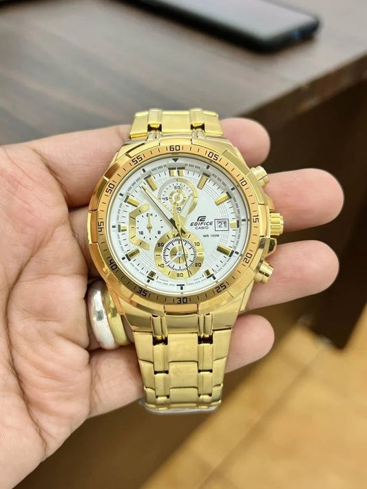 Premium Gold Stainless Steel Chronograph Analog Watch for Men | White Dial | Date Display | Luxury Metal Strap